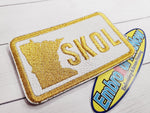 MN Skol  3" X 2" white italian  leather gold embroidery Patch