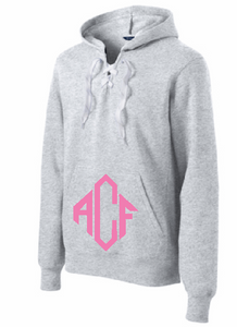 Lace Up Pullover Hooded Sweatshirt with Monogram