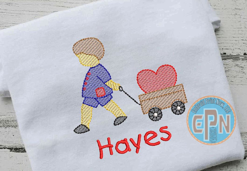 Vintage Boy Pulling wagon with heart T-shirt with name
